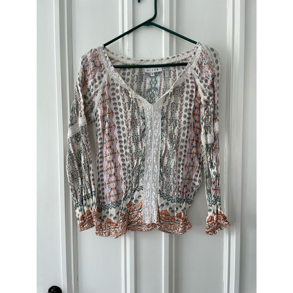 Hiche cream black turquoise orange pink boho blouse w/ lace snd tassels S